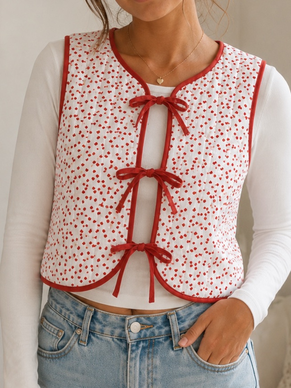 BaeVely White Heart Print Tie Front Vest S Vintage Y2K Coquette Bow Crop